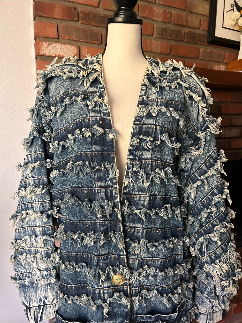 VTG Fringed Studded Denim Jacket in Indigo Blue One Size - Picture 2 of 9